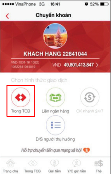 Chọn Trong TCB trong ứng dụng mobile banking của Techcombank